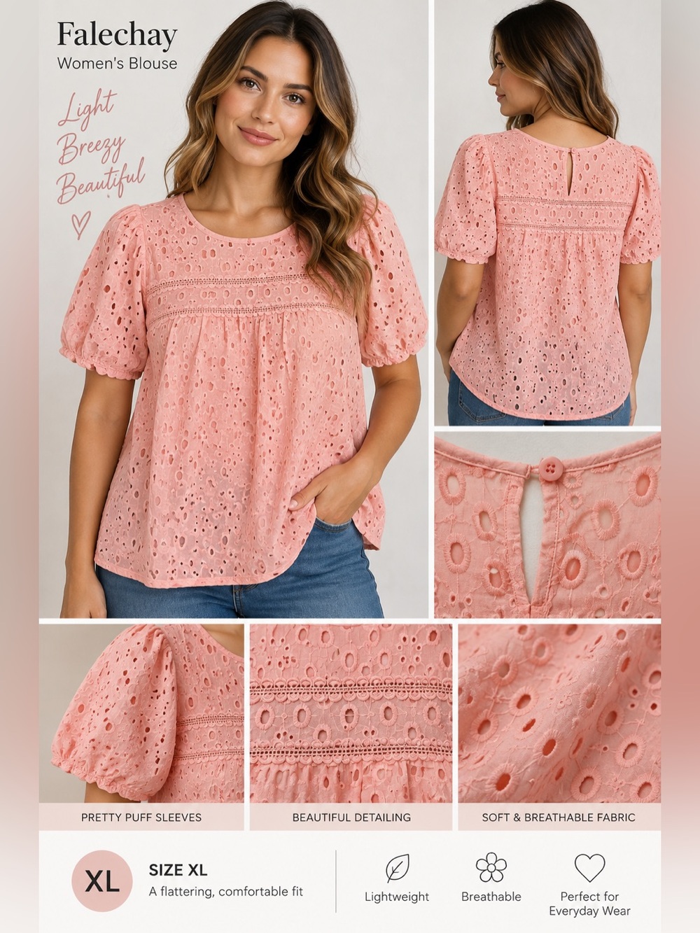 Women's Pink Eyelet Puff-Sleeve Blouse
